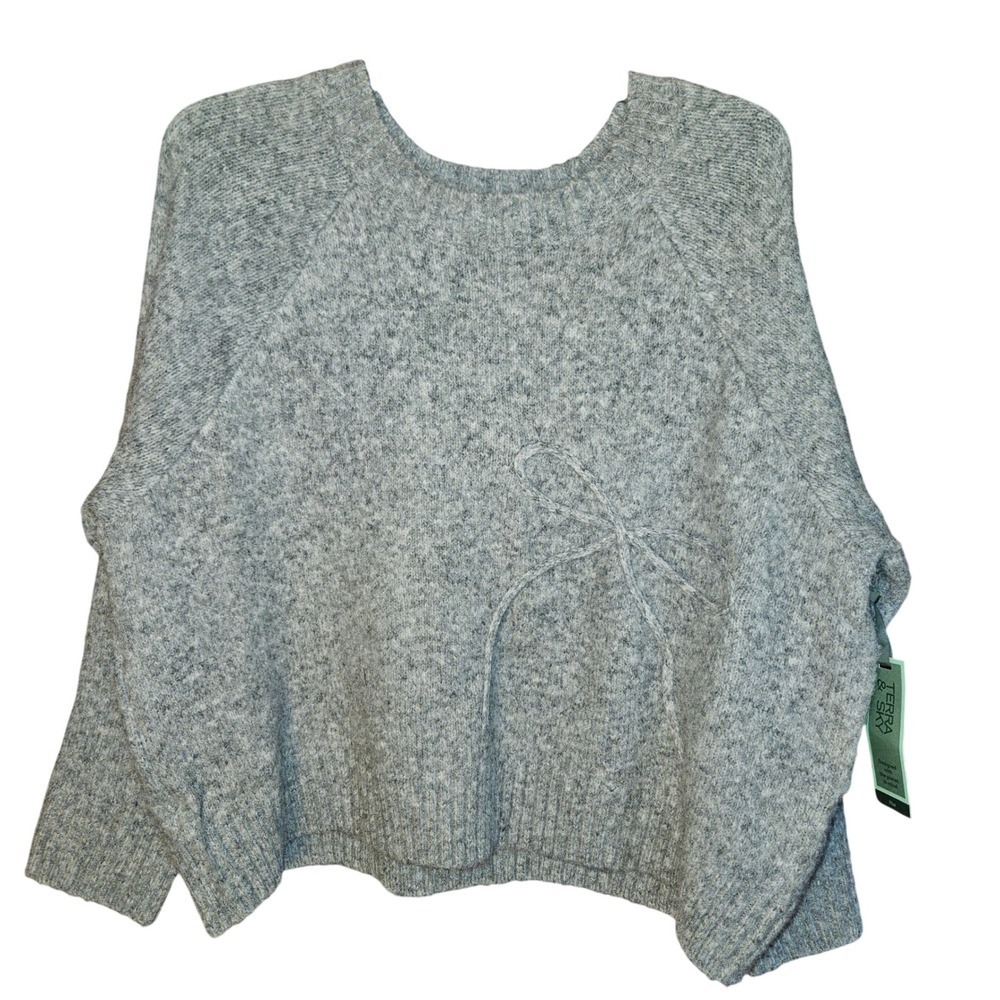 Terra & Sky Sweater Womens Plus 3X 24W-26W Gray Knit Bow Accent‎ Pullover New